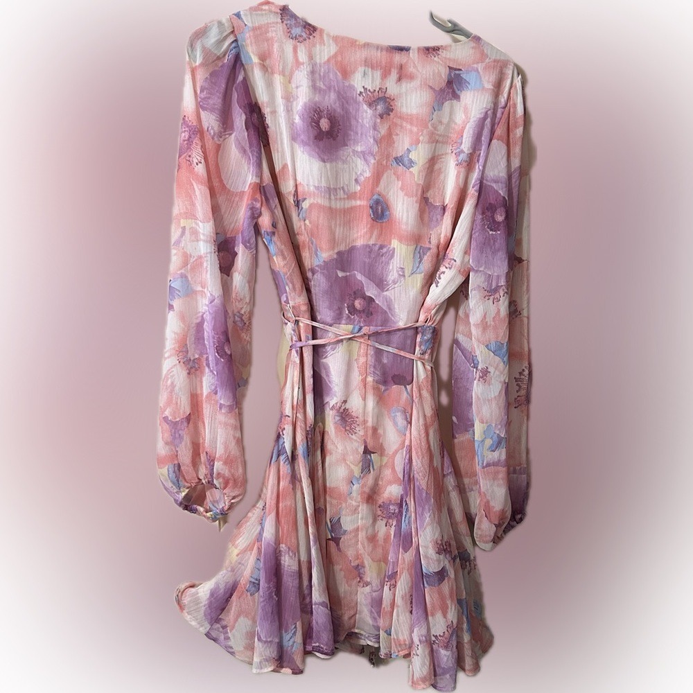 Vici Pink and Lavender Floral Wrap Mini Dress - Picture 2 of 7